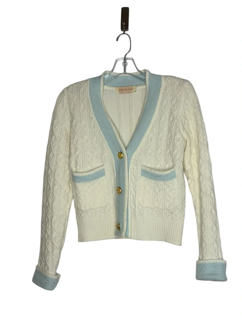 Tiffany Ann Cable Knit Cardigan Cream Blue Gold Buttons Preppy Coquette S